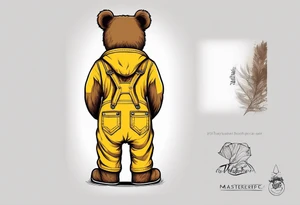 the back of a standing skinny, brown ,
teddy bear in long, yellow overalls tattoo idea