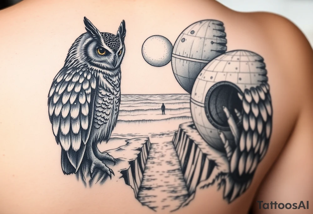 Real-life image of a Masked owl overlooking the Death Star trench with waves from a beach in the background. The tattoo will be for the left shoulder tattoo idea
