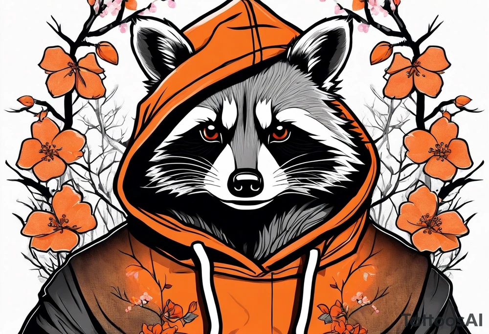Raccoon wearing a white Superman logo on a black hoodie and orange Japanese cherry blossoms tattoo idea