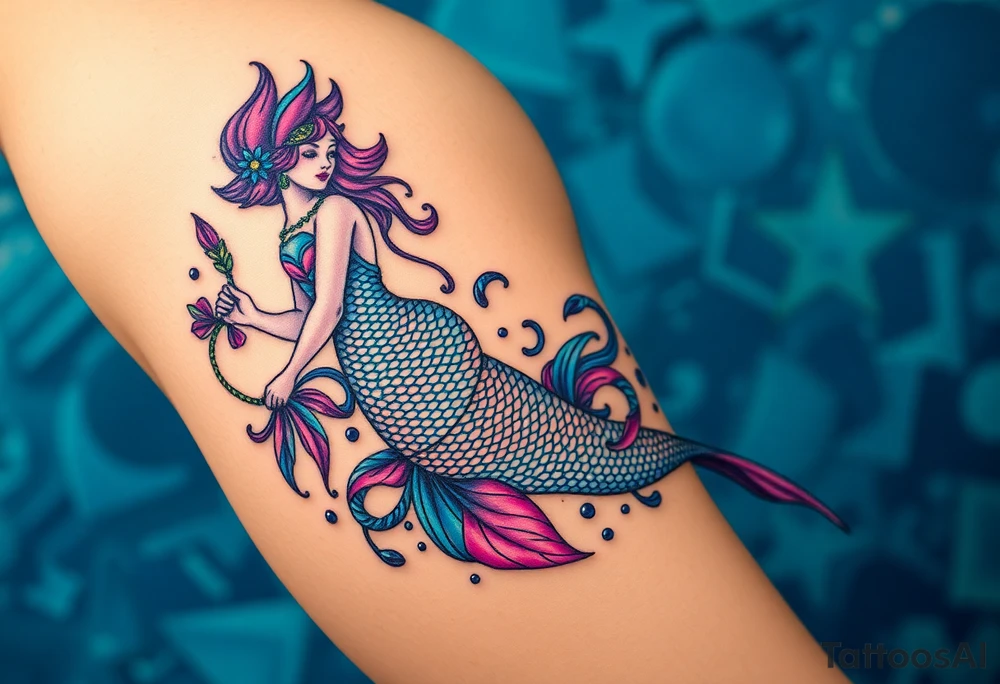 Mermaid, water, feminine, from hip to ankle on the side. Use blues,aquas, purple,pinks, yellow tattoo idea
