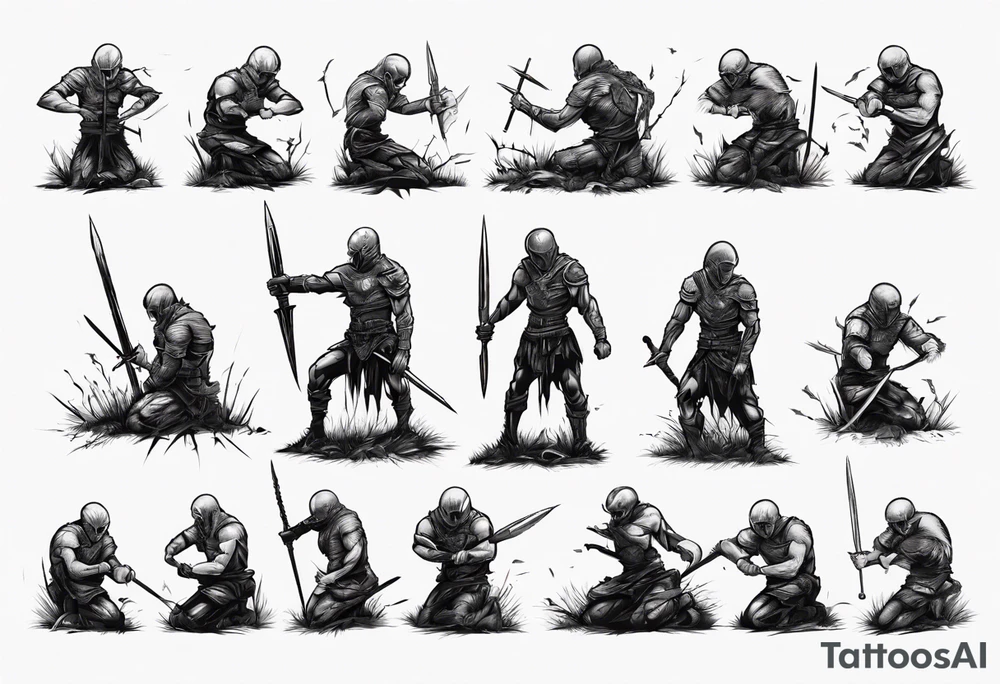 Warrior kneeling upon a field of fallen enemies tattoo idea
