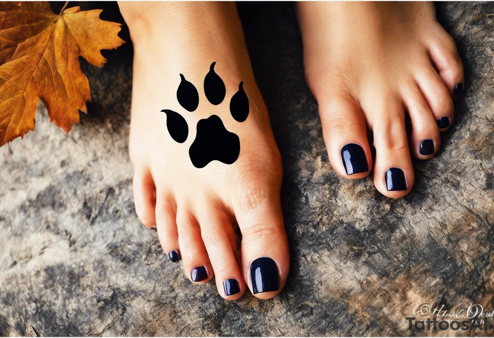 I want a large tattoo with a super realistic paw print, within the paw print I want a landscape and I want it to be lifelike texture and shading, especially on the nails. Inside the paw print, there's a detailed nature scene: mountains, a lake, a stream, and southern oak trees with wide canopies like a traditional southern background. Keep the peeks of the mountains soft. The sun peeks over the mountains, shining and reflecting over the land and water, with realistic shading for depth. Around the paw print, l'd like a splotchy, fading background for a natural, textured look, but without any animals. The overall style should be detailed and realistic, with strong shading and dimension. No color and very realistic in the paw. tattoo idea