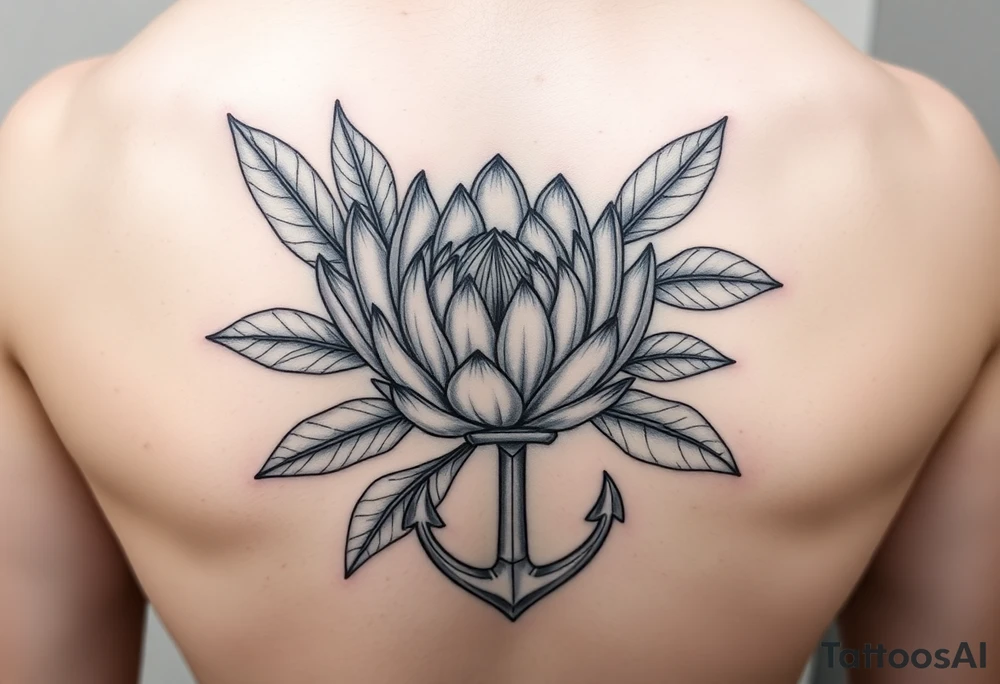Protea flower with leafs and an anchor tattoo idea