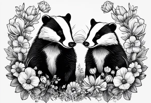 Trippy, pair of badger siblings in a field of flowers one holding a cigar and the other holding a lighter tattoo idea