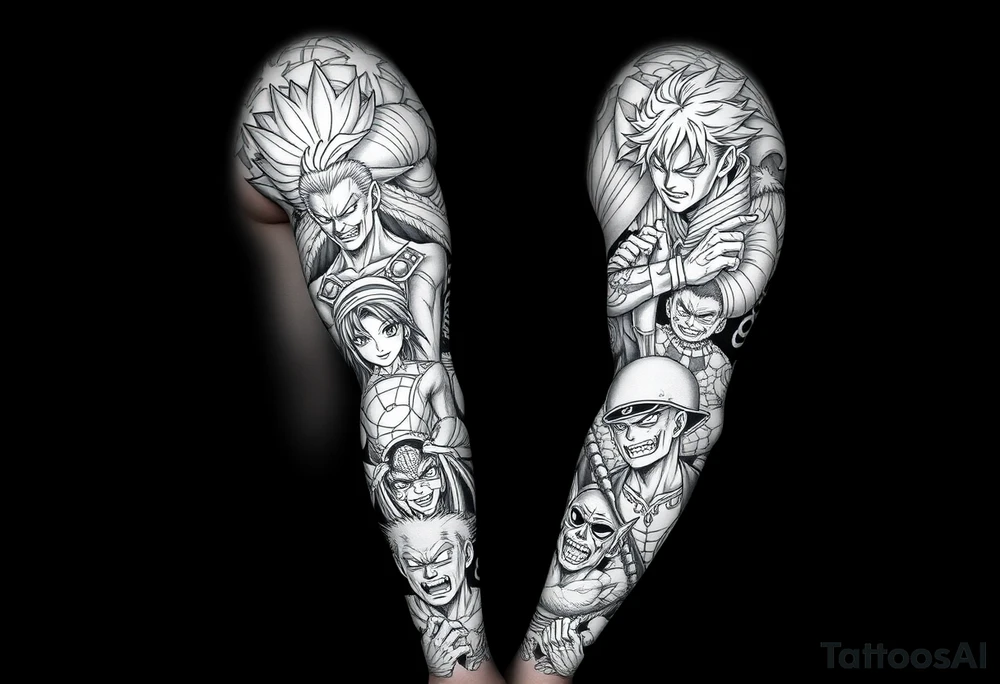 Battle royal anime sleeve with several characters from different Manga like naruto, hunter x hunter, solo leveling, demon slayer, dragon ball super, full metal alchemist, tattoo idea