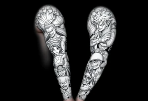Battle royal anime sleeve with several characters from different Manga like naruto, hunter x hunter, solo leveling, demon slayer, dragon ball super, full metal alchemist, tattoo idea