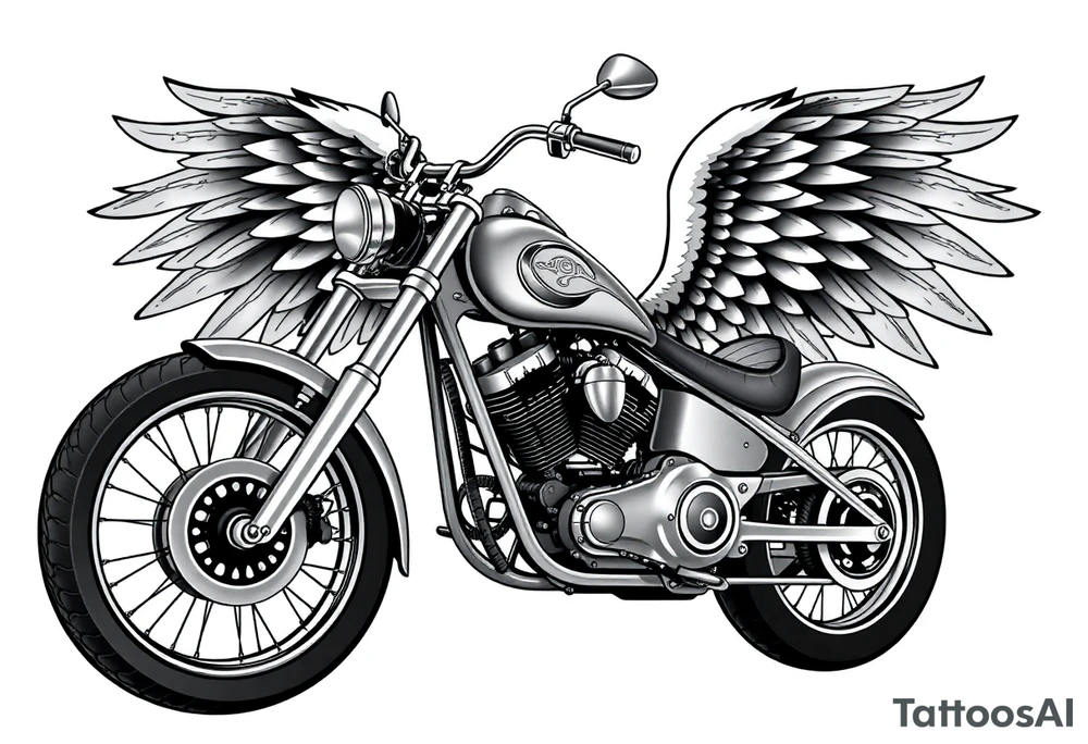 Low rider grey motorcycle, flames, angel wings tattoo idea