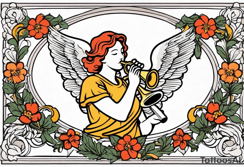 angel with trumpet
old school vintage simple traditional design with vintage flowers surrounding it bold color tattoo idea