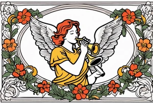 angel with trumpet
old school vintage simple traditional design with vintage flowers surrounding it bold color tattoo idea