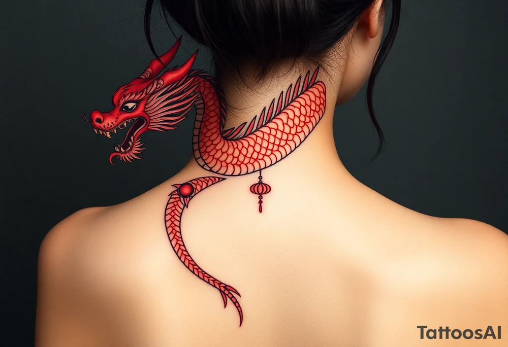 Big long red chinese dragon along spine tattoo idea