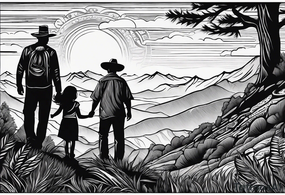 Pacific Northwest landscape, father , mother, son and daughter shadow
Mexican American inspiration. Family of four. Add faith tattoo idea