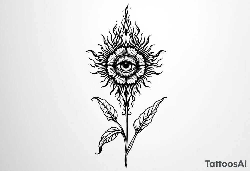 A long flower with stalk and leaves and with the centre being an eye and around the petals having black sunrays tattoo idea