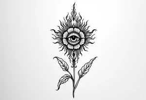 A long flower with stalk and leaves and with the centre being an eye and around the petals having black sunrays tattoo idea