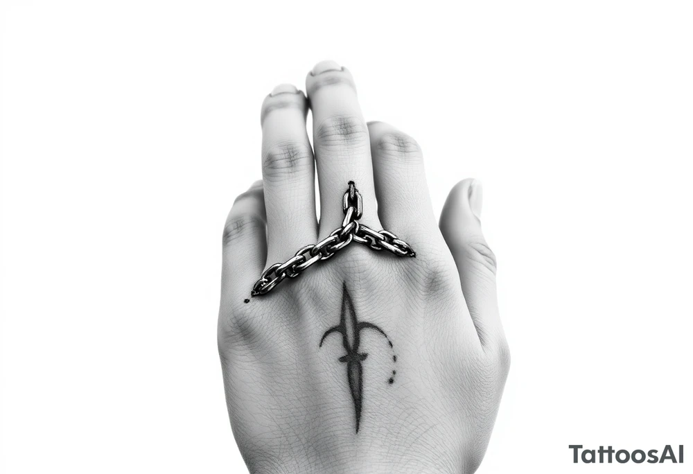 Chains wrapped on pointer finger and connected to thumb from my wrist showing whole hand tattoo idea