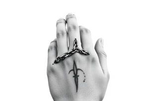 Chains wrapped on pointer finger and connected to thumb from my wrist showing whole hand tattoo idea