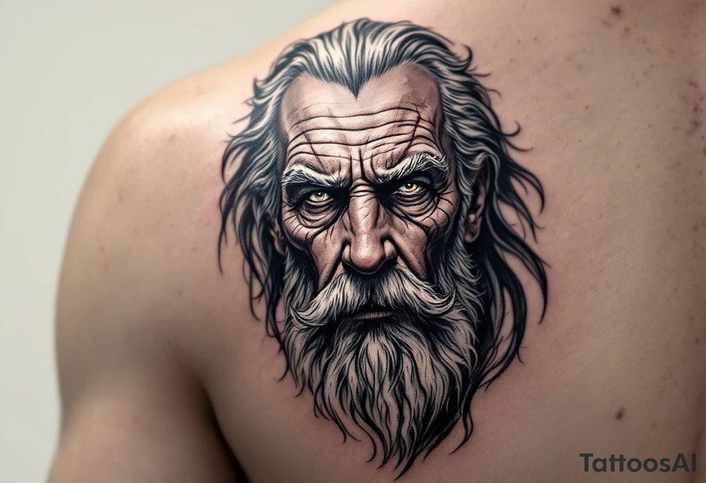 close-up old man with trident tattoo idea