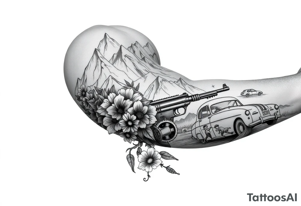 Nature mountains birth flowers, car parts guns American flag river tattoo idea