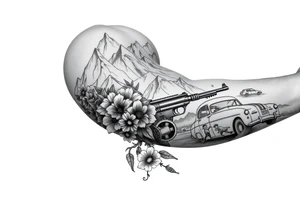 Nature mountains birth flowers, car parts guns American flag river tattoo idea