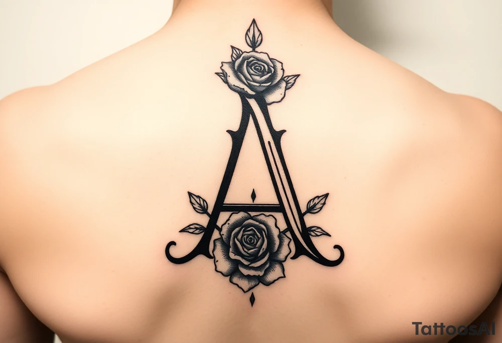 Create a throat tattoo using old english font of Letter A with subtle rose background tattoo idea