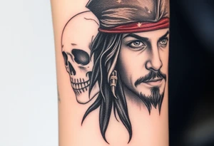 A side-profile portrait of Jack Sparrow with a shadowy skull in the background, symbolizing his connection to death and the supernatural, shaded in grayscale with faint red and gold highlights tattoo idea