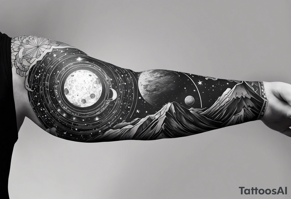 space themed arm sleeve. I want a feeling of being above it all. I like man on the move imagery inspired by kid cudi tattoo idea