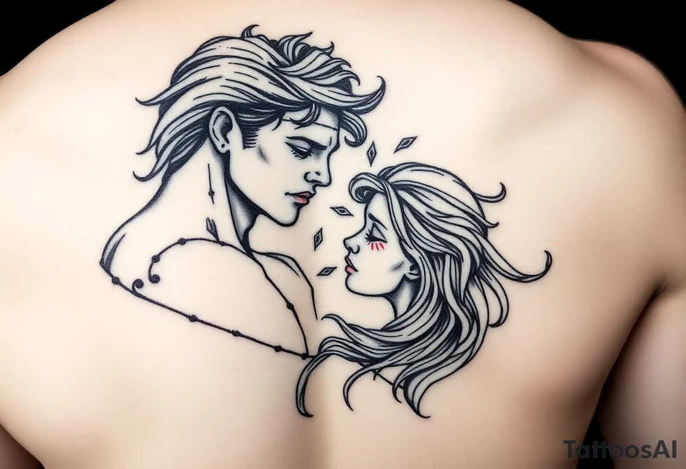 Eros and psyche in illustrative fine line tattoo idea