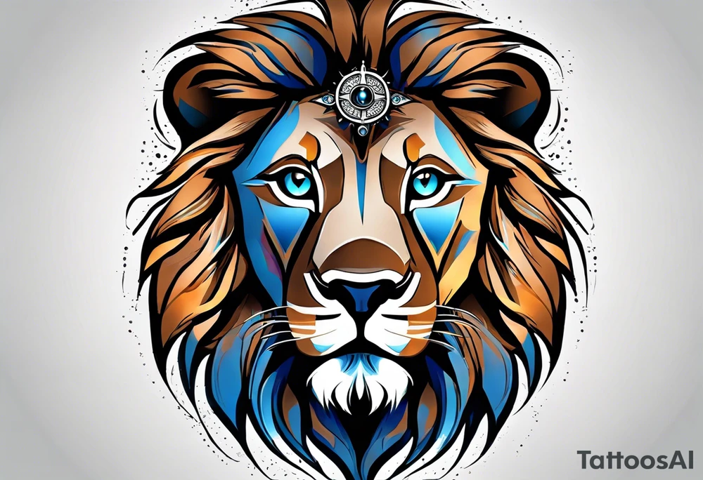 face of a lion with a third eye. Left eye blue, right eye brown. The third eye on the forehead is abstract. Around the muzzle there is a compass bezel tattoo idea