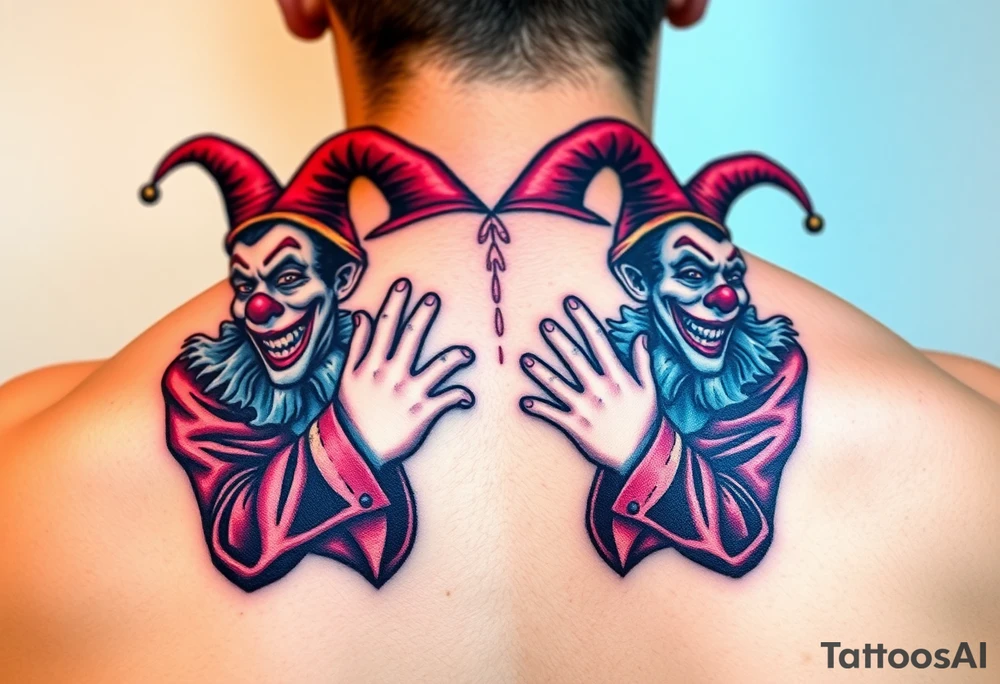 a toxic jester clowns standing behind each other holding cheeks up to smile tattoo idea