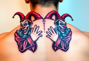 a toxic jester clowns standing behind each other holding cheeks up to smile tattoo idea