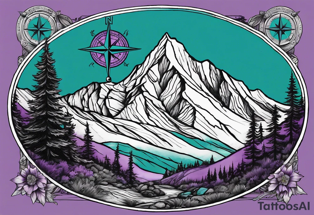 Mountain with a compass rose behind it. Teal and Purple design in front to match the album cover of A Day To Remember's album named Homesick tattoo idea