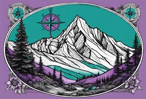 Mountain with a compass rose behind it. Teal and Purple design in front to match the album cover of A Day To Remember's album named Homesick tattoo idea