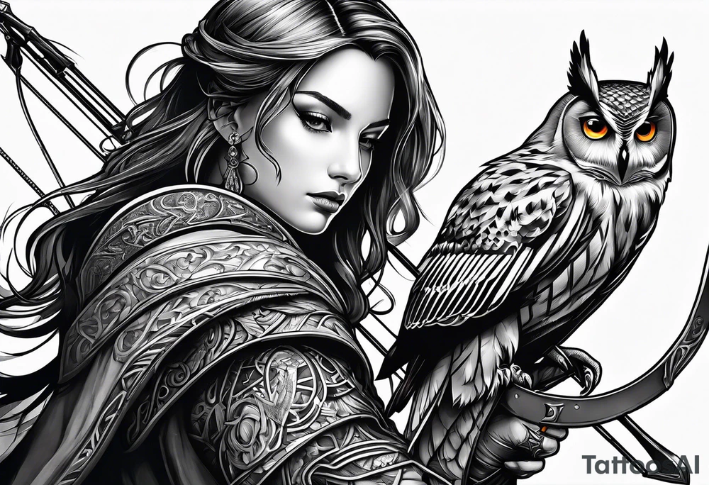 A young princes with a bow and arrow and an owl tattoo idea