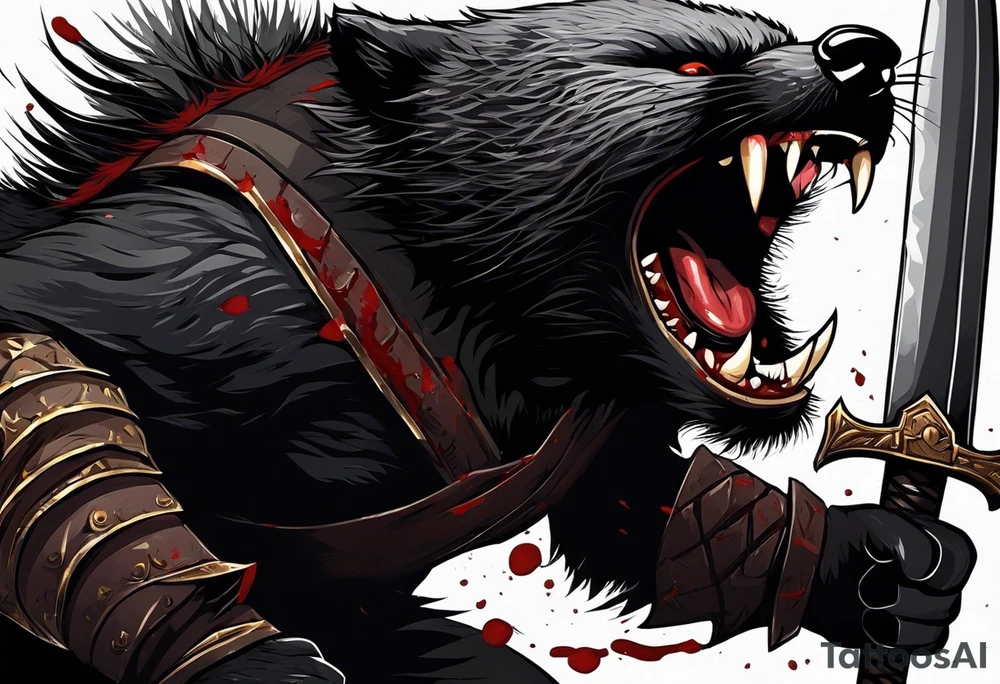 Draw me psychopath Fearless Honey Badger/Berserker with aggressive full body, killer face with a scary smile, very long nails and he attacks like a Bloody Assassin/Warrior/Gladiator to us and also, he has very deadly looking. He fights with his nails only. Everybody scares after their first sight. Give me horror type Badger Tattoo. I want to see his Realistic full body with no weapons. You can show destruction at the back. tattoo idea