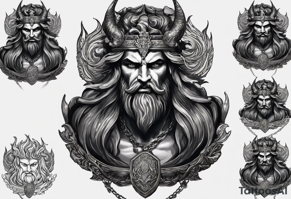 The tattoo features a highly realistic depiction of Hadès, the Greek god of the underworld, holding Cerberus, the three-headed guardian of the underworld, on a chain. Hadès is portrayed with a commanding and imposing presence. His face, marked by stern and intense eyes, exudes authority and control. His dark, flowing hair and beard are rendered with intricate details, adding texture and depth. He is draped in a richly detailed cloak that falls in realistic folds, enhancing his divine and somber demeanor. Cerberus, depicted in a dynamic and fierce pose, is shown with his three heads snarling and baring their fangs. Each head is intricately detailed with lifelike fur, sharp eyes, and menacing expressions. The three heads are chained, with the chains artistically wrapped around Hadès' hand, symbolizing his dominance over the beast. The chains themselves are depicted with realistic textures and shadows, emphasizing their weight and strength. The background remains minimalistic to keep the focus on Hadès and Cerberus. The tattoo uses detailed shading and highlights to bring out the textures of Hadès' cloak, Cerberus' fur, and the chains, capturing the dark and powerful essence of the Greek god and his fearsome guardian. tattoo idea