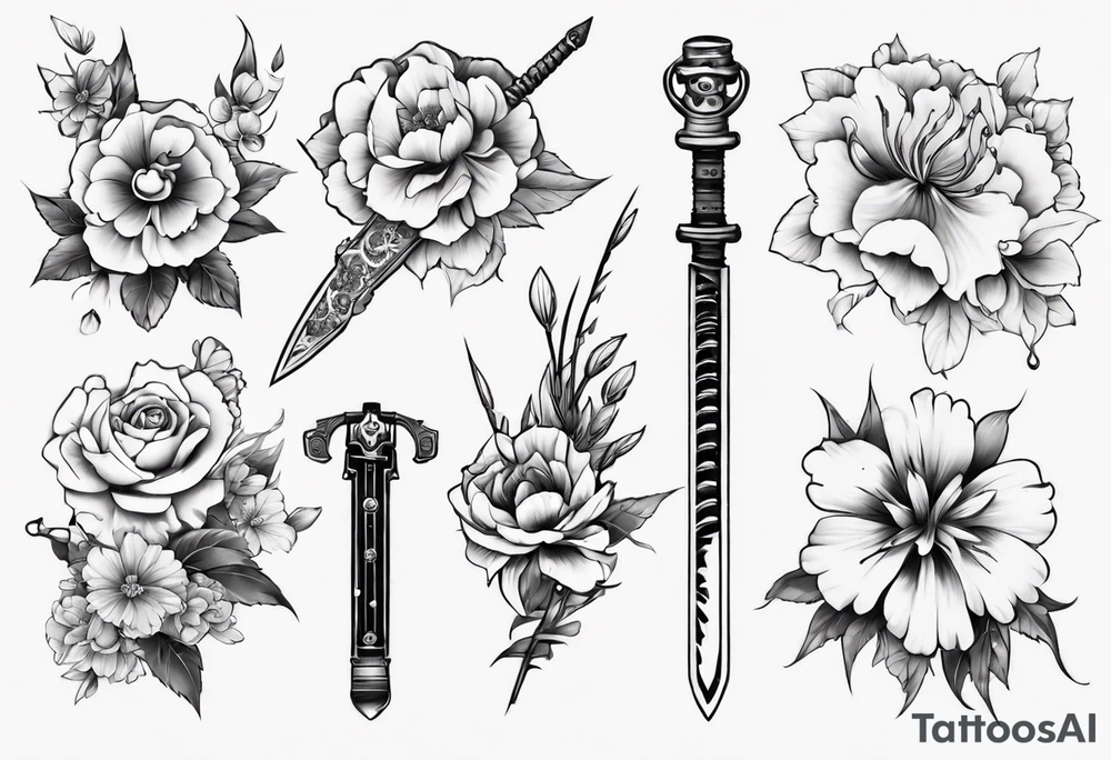 flowers with weapon tattoo idea