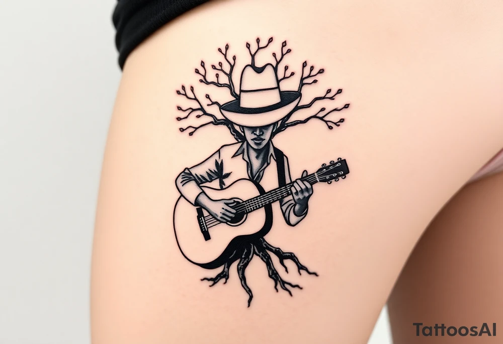 Man with hat but cant see face 
playing acoustic guitar underneath tree of life concept style tattoo idea