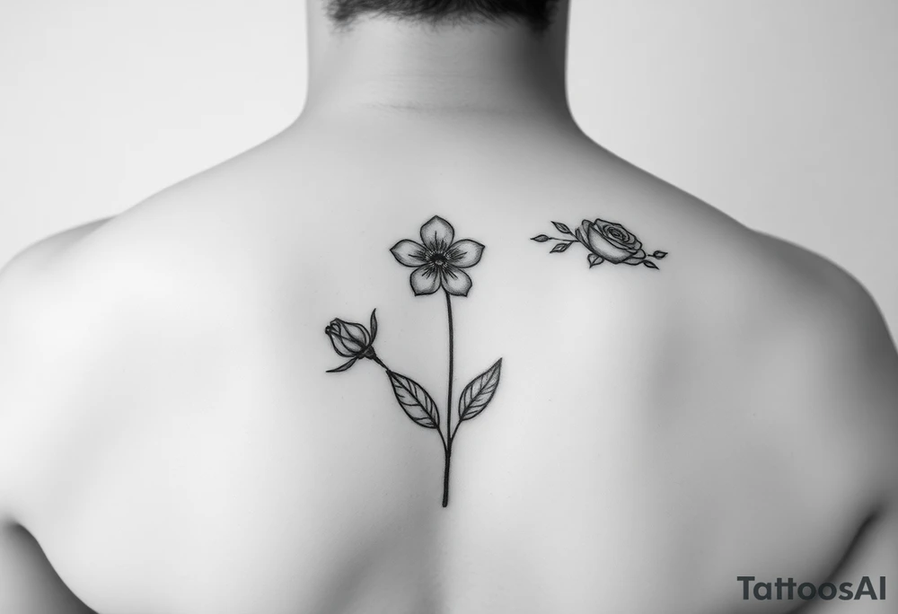 Delicate realistic tattoo in black and white, incorporating a forget me not in honour of our baby lost in early pregnancy, and a rose in honour of our son George Edward Hulbert (born on 14 June 2024) tattoo idea