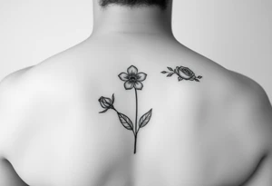 Delicate realistic tattoo in black and white, incorporating a forget me not in honour of our baby lost in early pregnancy, and a rose in honour of our son George Edward Hulbert (born on 14 June 2024) tattoo idea