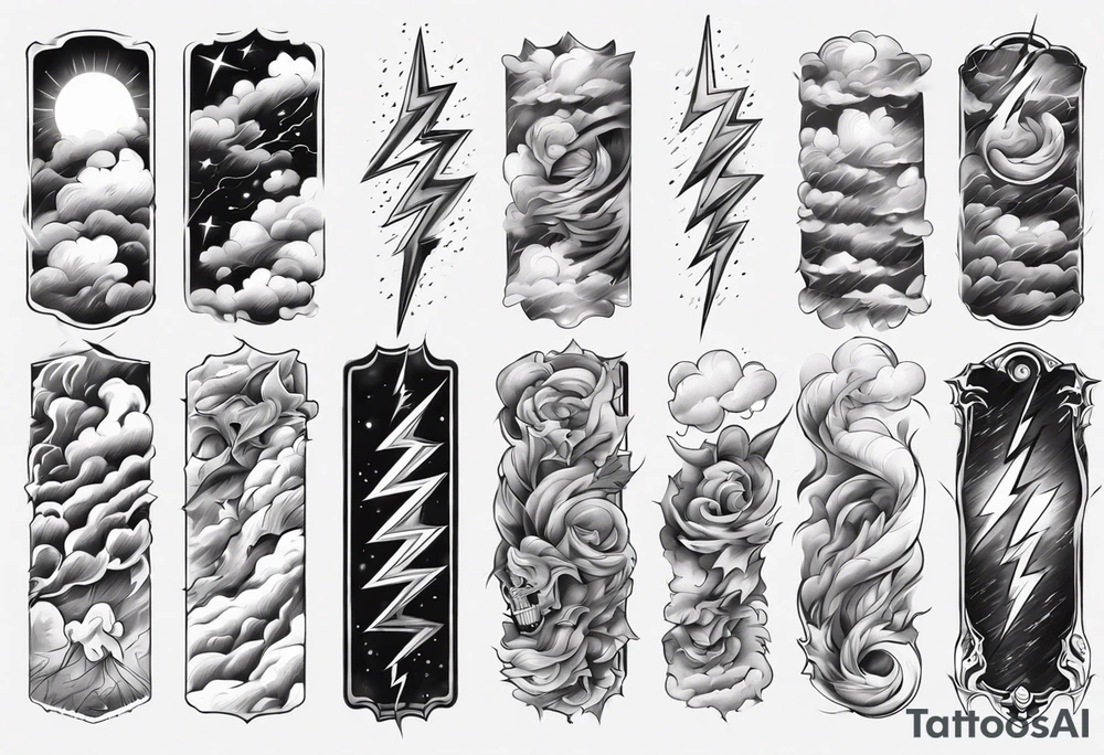 forearm sleeve lightning and clouds pattern tattoo idea