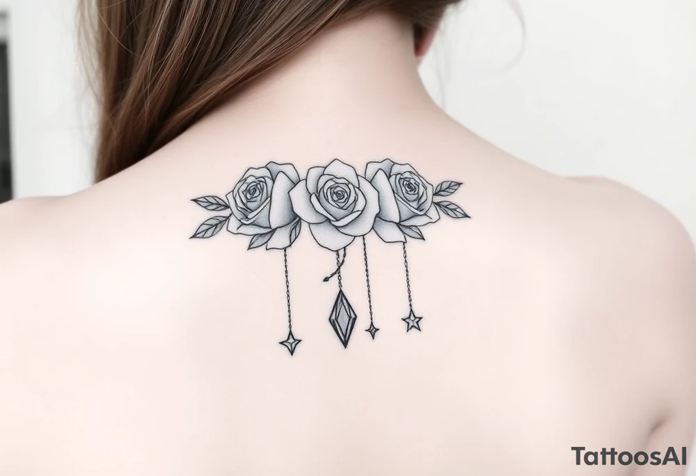 roses, gemstones on chains, stars tattoo idea