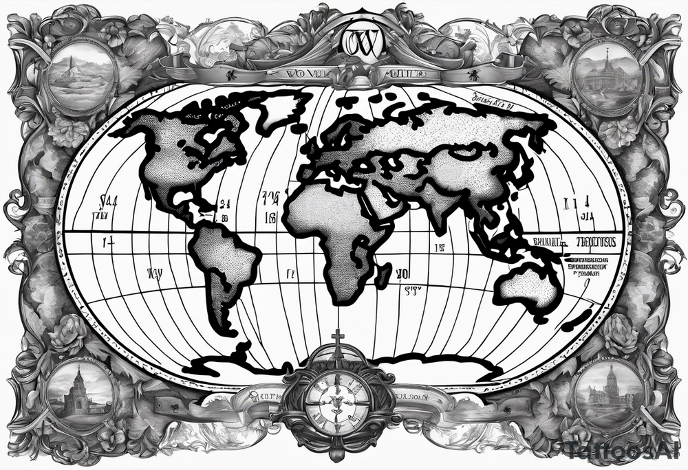 World map with the cross in the middle hovering over it tattoo idea World map with the cross in the middle hovering over it tattoo idea
