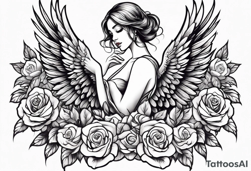 Beautiful woman angle with wings standing surrounded by roses tattoo idea