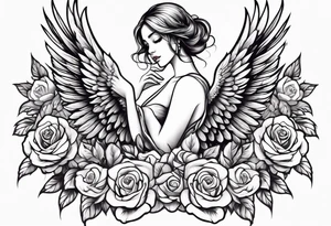 Beautiful woman angle with wings standing surrounded by roses tattoo idea