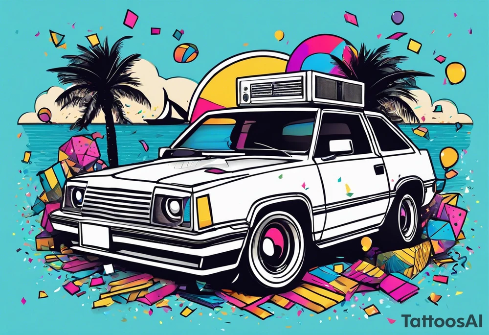 1980's style dance party with boom box and confetti in a beach theme. do not include cars tattoo idea