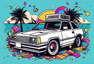 1980's style dance party with boom box and confetti in a beach theme. do not include cars tattoo idea