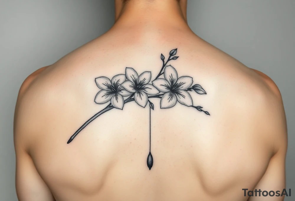 jacaranda flowers from a long branch with lace drop embellishment feminine tattoo idea
