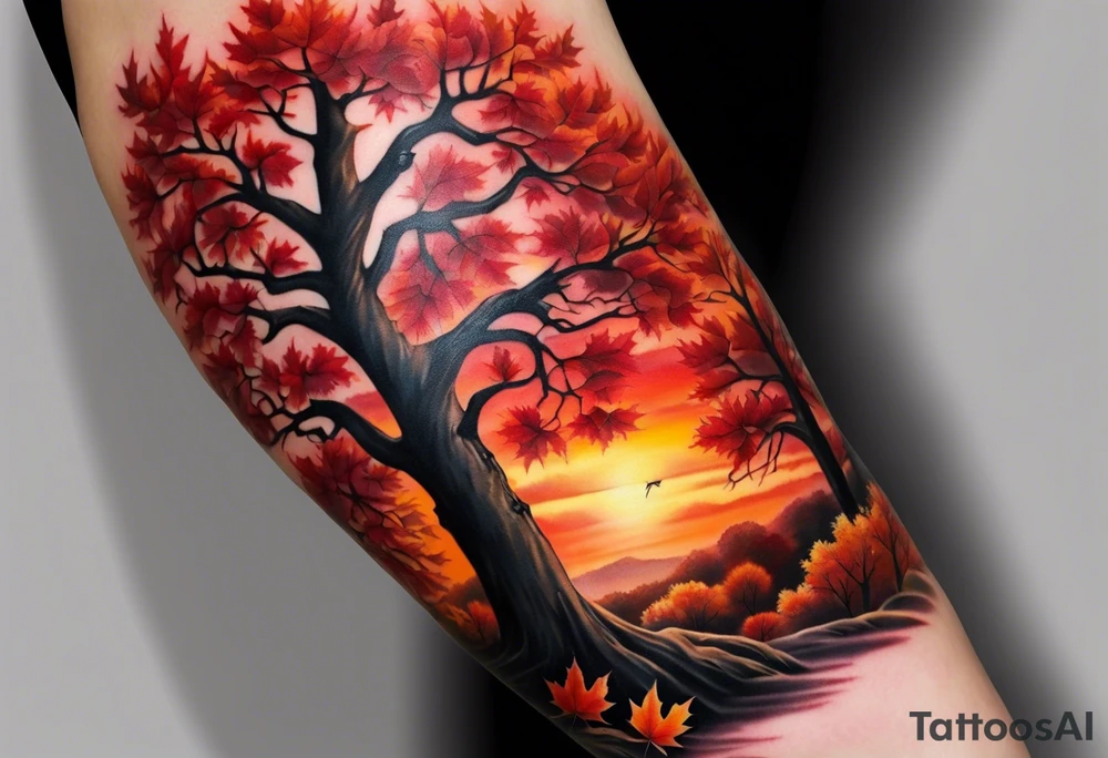 Arm tattoo. Long tattoo. Full sleeve. Shoulder. A single large maple tree with red autumn leaves that branches upwards from wrist to shoulder. White-throated dipper bird on the trees branches. Calluna flowers at the base of the trees stem. Tree stem has dark colors. Red/yellow sunset behind the trees stem. Leaves falling. tattoo idea
