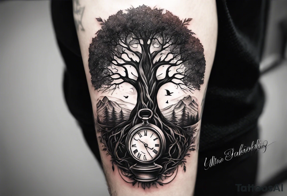 tattoo of a tree with the roots wrapping around a hour glass tattoo idea