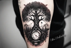 tattoo of a tree with the roots wrapping around a hour glass tattoo idea