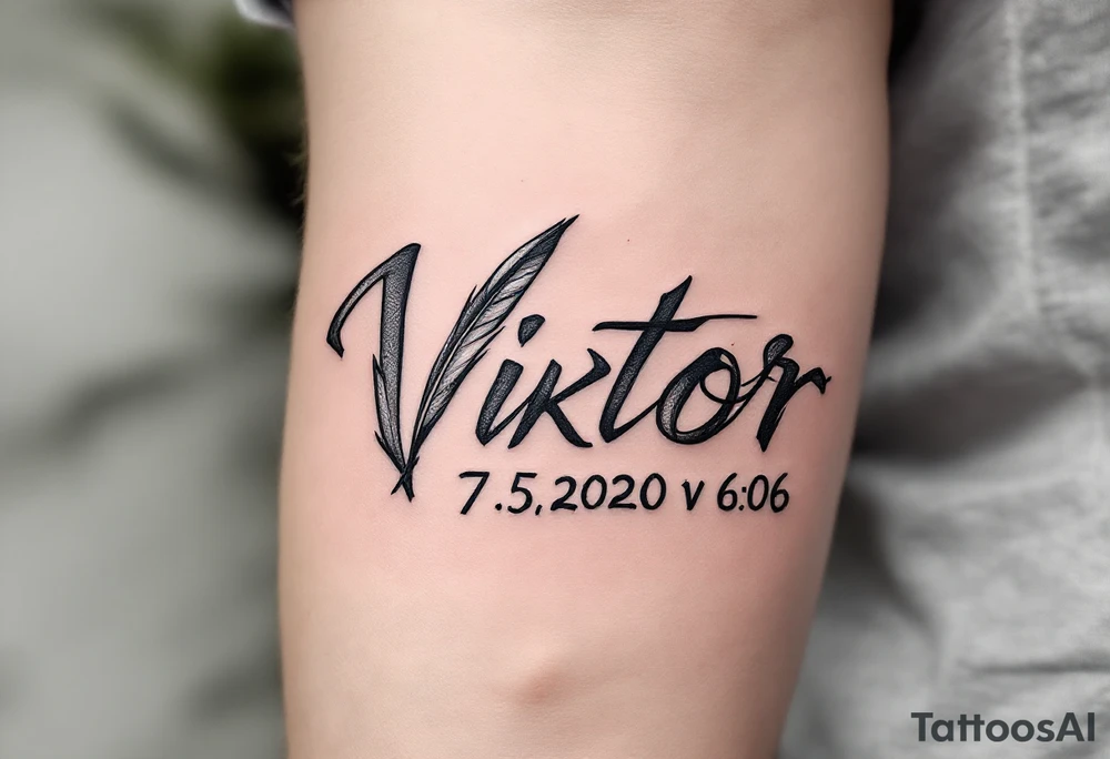 Feather quill writing name Viktor – 7.5.2020 v 6:06 in classic black and silver shading. tattoo idea